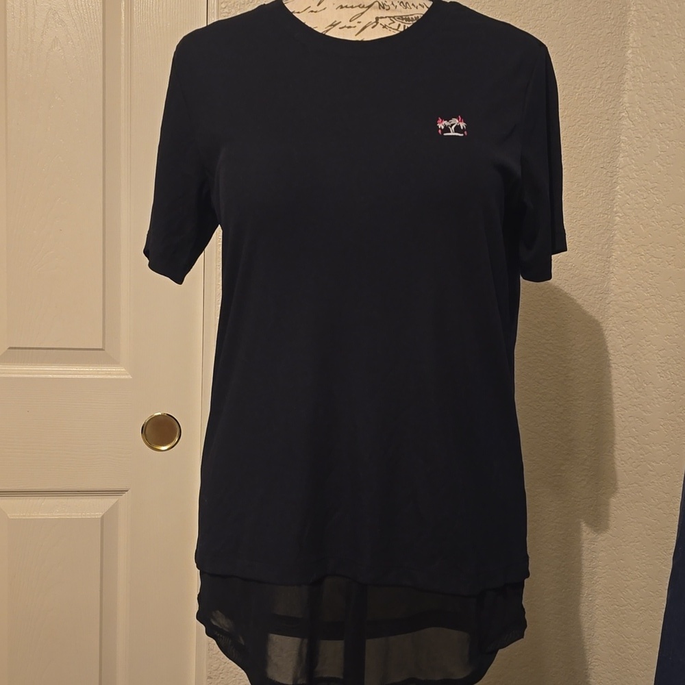 Hurley Womens Pink Black Lace Waist Crew Neck Short Sleeve Top Small NWOT